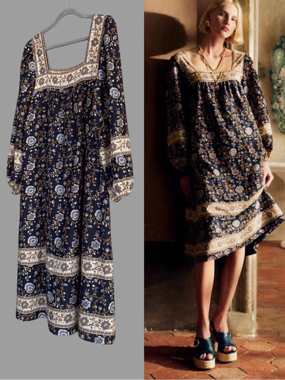 SEZANE Blue Tan Boho Floral Printed Oversized Long Sleeve Keisha Silk Midi Dress